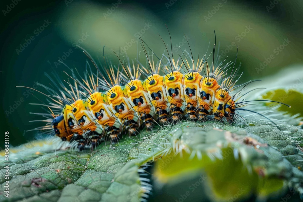 Caterpillar of the Machaon crawling on green leaves, close-up. Beautiful simple AI generated image in 4K, unique. Caterpillar of the Machaon crawling on green leaves, close-up. Beautiful simple AI generated image in 4K, unique.