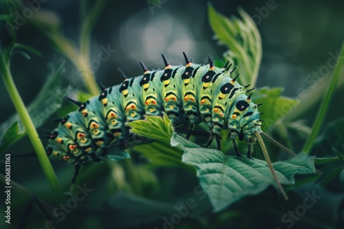 Swallowtail butterfly caterpillar feeding in fennel - unusual ma. Beautiful simple AI generated image in 4K, unique.