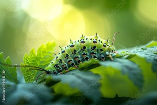 Caterpillar of the Machaon crawling on green leaves, close-up. Beautiful simple AI generated image in 4K, unique.