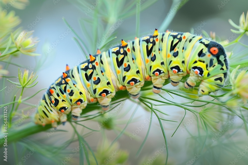 Fototapeta premium Caterpillar of the Machaon crawling on green leaves, close-up. Beautiful simple AI generated image in 4K, unique.