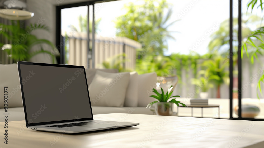 Fototapeta premium Laptop on work desk with blurred contemporary living room background