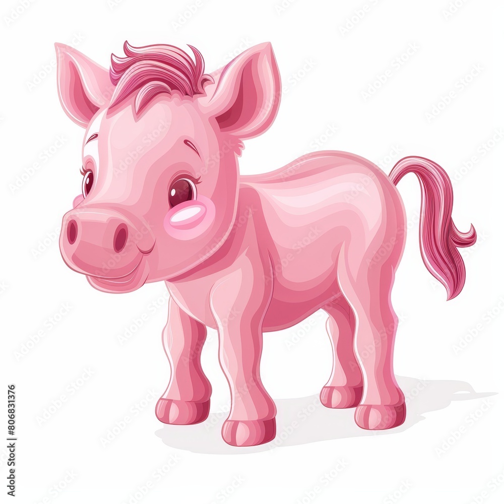   A pink pig stands atop a white floor, next to another pink pig with a pink tail and nose