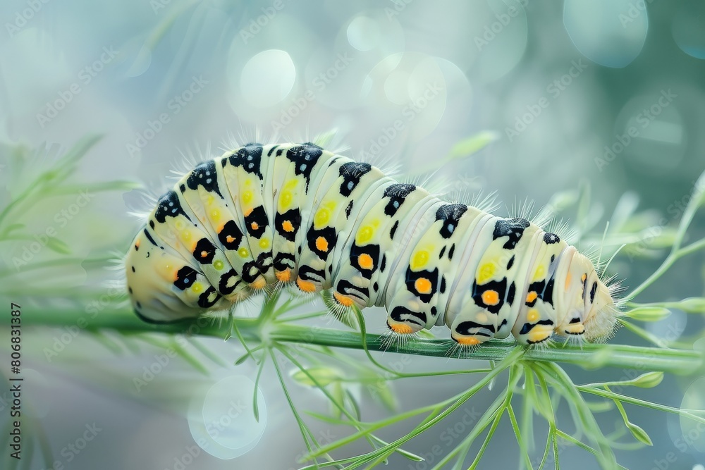Fototapeta premium Green caterpillar on stem carrots - Papilio machaon. Beautiful simple AI generated image in 4K, unique.