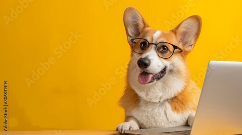 Corgi Wearing Glasses by Laptop