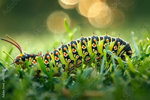 Swallowtail butterfly caterpillar lateral view - Papilio machaon. Beautiful simple AI generated image in 4K, unique.