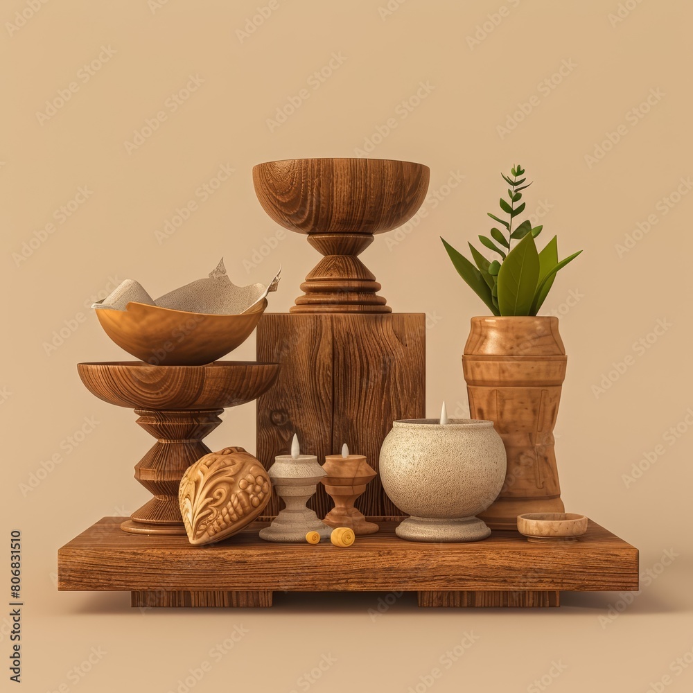A small religious artifact collection, beautifully crafted to represent spiritual history, in a 3D model isolated on a solid color background A small religious artifact collection, beautifully crafted to represent spiritual history, in a 3D model isolated on a solid color background
