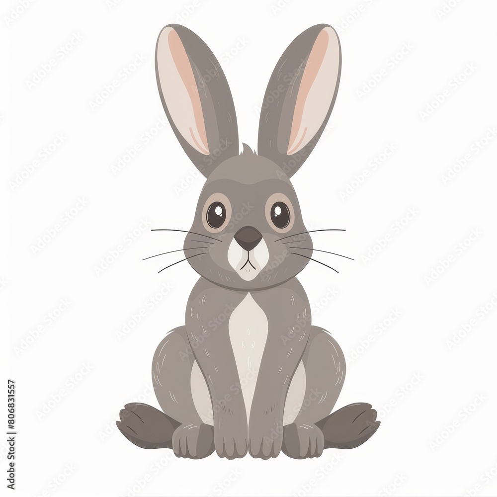   A gray rabbit sits on the ground, eyes wide open, ears erect, against a pristine white backdrop