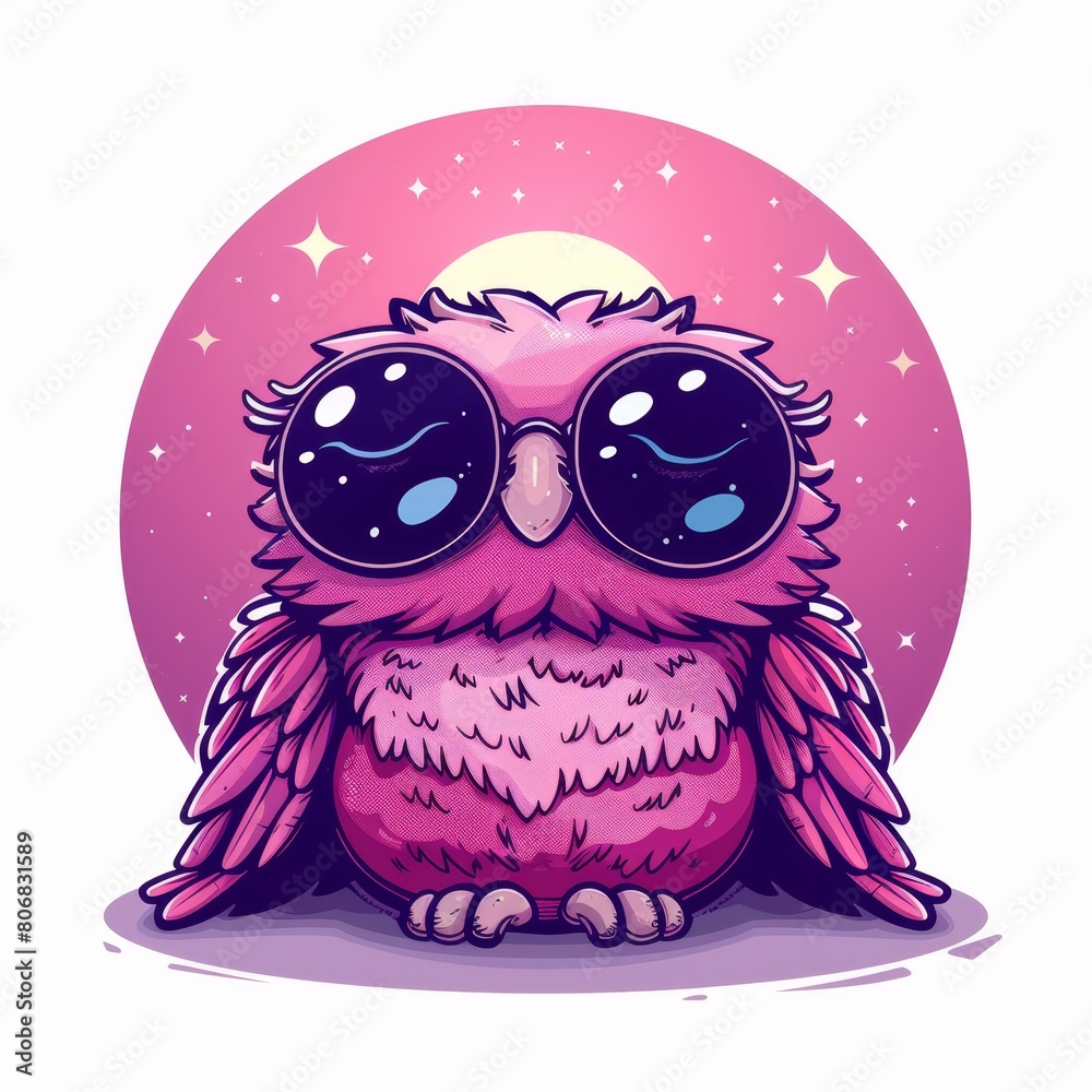 Obraz premium A pink owl with large eyes sits before a rosy circle, adorned with stars and graced by a full moon