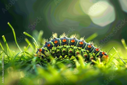 Close-up from two Mullein moth caterpillar - Cucullia verbasci picture taken in Netherlands June 2020 . Beautiful simple AI generated image in 4K, unique. photo