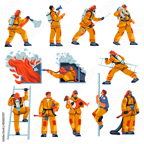 Firefighter characters. Firefighters people in firemen uniform with rescue equipment, professional fireman occupation fire fighter emergency department, recent vector illustration
