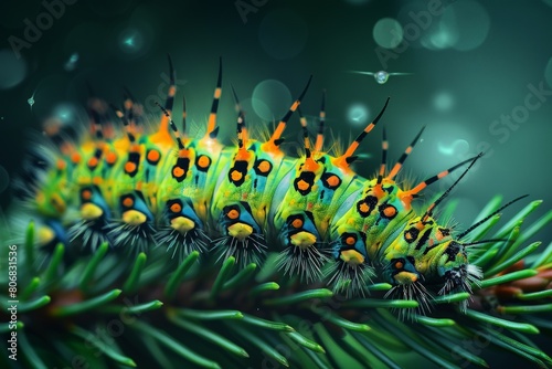 Caterpillar of the Machaon crawling on green leaves, close-up. Beautiful simple AI generated image in 4K, unique. photo