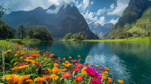 Breathtaking view of a serene mountain landscape with vibrant flowers by a clear lake under blue skies.