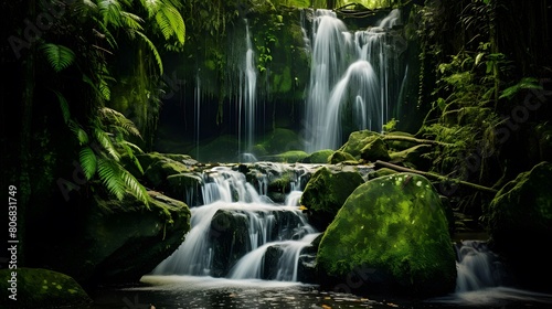 Panoramic view of a waterfall in the rainforest of Costa Rica