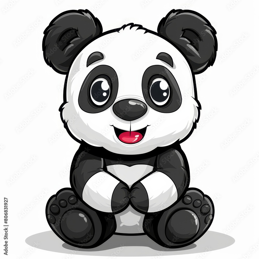 Fototapeta premium A black-and-white panda sits on the ground, tongue out, eyes wide, grinning