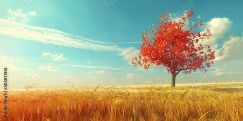 Autumn Tree in Golden Wheat Field - Fall Season  Vibrant Colors  Tranquil Nature  Scenic Landscape  Sunny Day