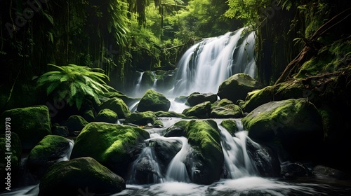 Beautiful waterfall in the rainforest. Panoramic view.