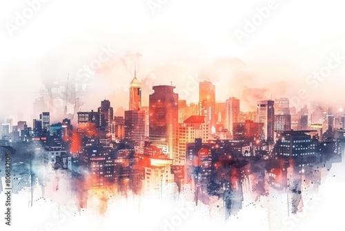 A small watercolor of a bustling cityscape at dusk, glowing lights under twilight isolated concept minimal with white background