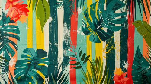A tropical striped print in vibrant shades of turquoise coral and lime green featuring bold stripes and tropical motifs like palm leaves and pineapples that evoke the carefree spirit of island living