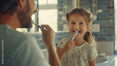 Father and Daughter Brushing Teeth photo
