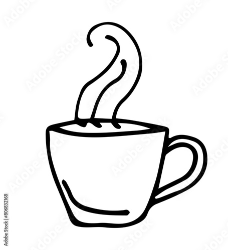 Ceramic cup, hot drink with steam, coffee, tea. Hand-drawn simple drawing in black outline. Ink sketch.