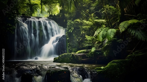 Panoramic view of beautiful waterfall in the forest  long exposure