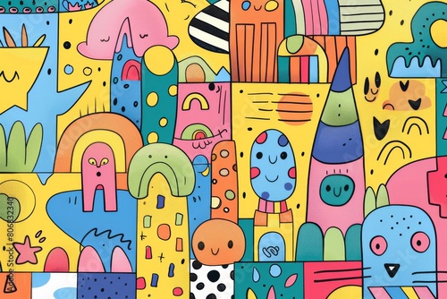 A front cover for a colouring book for toddlers called Shape and Pattern Playground, full of different shapes with various patterns within the shapes