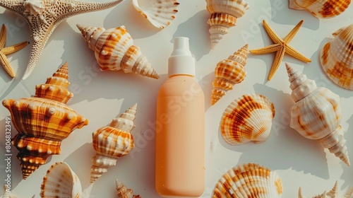 A white bottle of lotion is artistically surrounded by natural materials such as seashells and starfish. The intricate patterns of molluscs and invertebrates closeup create a beautiful piece of art