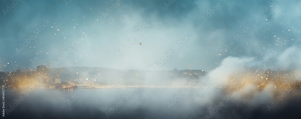 Sky Blue smoke empty scene background with spotlights mist fog with gold glitter sparkle stage studio interior texture for display products blank 