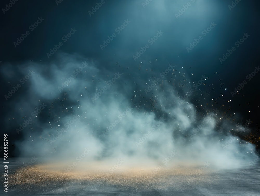 Sky Blue smoke empty scene background with spotlights mist fog with gold glitter sparkle stage studio interior texture for display products blank 