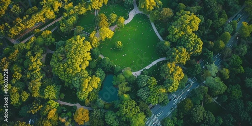 Aerial Panorama of Central Park at Sunset - People Relaxing, Lush Greenery, Urban Nature, Vibrant Landscape, Tranquil Setting © Bernardo