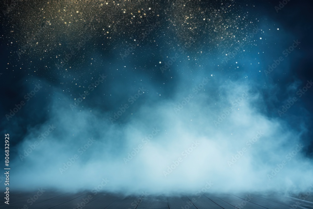 Sky Blue smoke empty scene background with spotlights mist fog with gold glitter sparkle stage studio interior texture for display products blank 