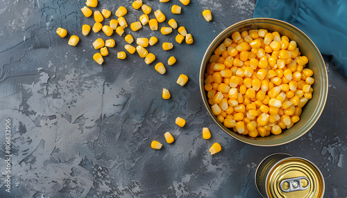 Bowl and tin can with canned corn on grey background photo