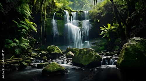 Panorama of a waterfall in a tropical rainforest  long exposure