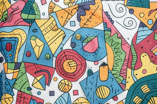 A front cover for a colouring book for toddlers called Shape and Pattern Playground, full of different shapes with various patterns within the shapes