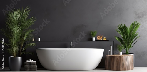 This stylish gray bathroom interior exudes modern elegance with its concrete floor  dark gray wall  spacious bathtub  and sleek white sink complemented.