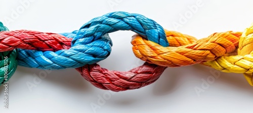 Vibrant ropes intertwined on white backdrop symbolizing unity, diversity, and teamwork