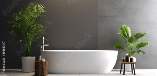 This stylish gray bathroom interior exudes modern elegance with its concrete floor, dark gray wall, spacious bathtub, and sleek white sink complemented.