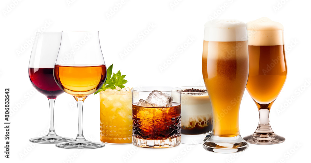 Set and collection of classic alcohol cocktails, beer and mocktail isolated on white background with fresh summer fruits Set and collection of classic alcohol cocktails, beer and mocktail isolated on white background with fresh summer fruits