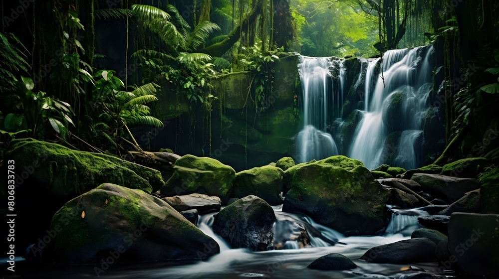 Panorama of beautiful waterfall in the rainforest. Nature background.