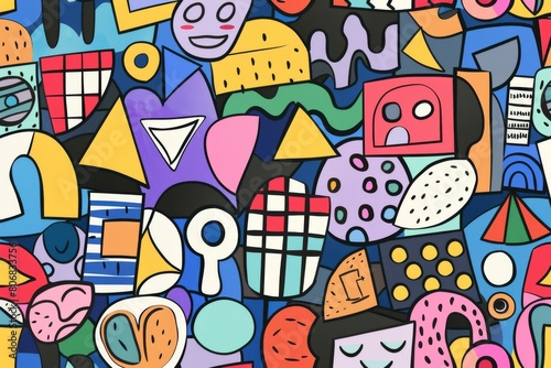 A front cover for a colouring book for toddlers called Shape and Pattern Playground, full of different shapes with various patterns within the shapes