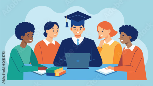 A group of graduates huddled around a table eagerly listen to a loan counselor seeking valuable insights on how to navigate the complex world of. Vector illustration