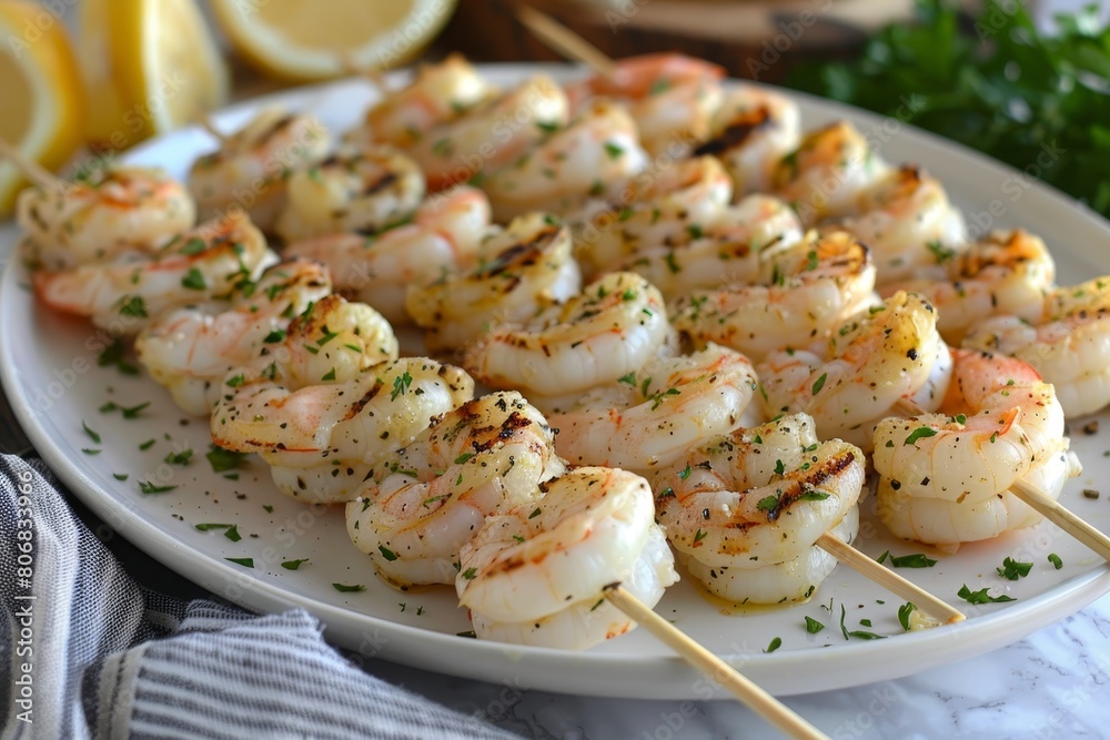 Succulent grilled shrimp platter elegantly presented on a pristine white serving plate Succulent grilled shrimp platter elegantly presented on a pristine white serving plate