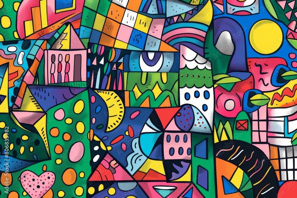 Obraz premium A front cover for a colouring book for toddlers called Shape and Pattern Playground, full of different shapes with various patterns within the shapes