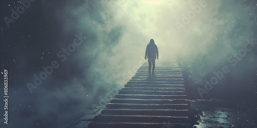 Road to Discovery Concept with Man Climbing Stair  Journey of Self-Exploration and Progress  Success and Growth Symbol  Motivational Exploration Scene  Generative AI  