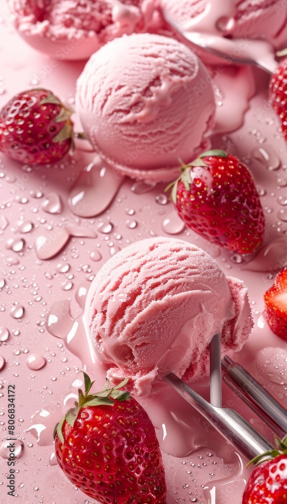 Freshly harvested strawberry ice cream on blurred background with space for text Freshly harvested strawberry ice cream on blurred background with space for text