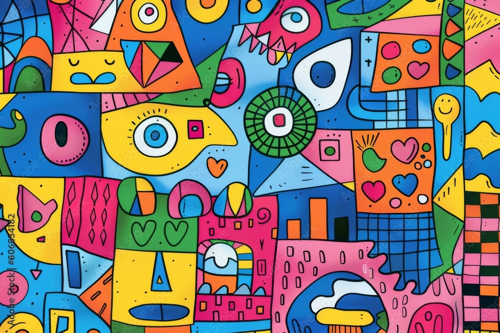 Fototapeta premium A front cover for a colouring book for toddlers called Shape and Pattern Playground, full of different shapes with various patterns within the shapes