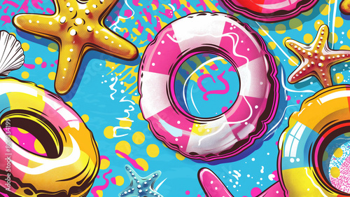 Pop art concept Inflatables swim rings toys, starfish. Colorful background in pop art retro comic style. Summer concept social media, cover, brochure background.