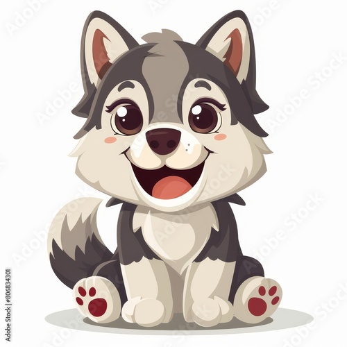   A cartoon husky dog sits on the ground  tongue out  eyes wide open  smiling broadly