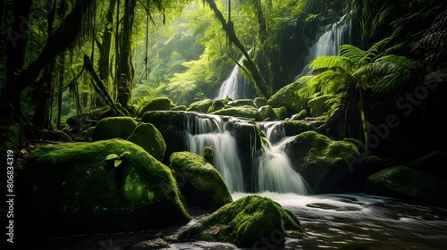 Beautiful waterfall in the green forest. Panoramic image.