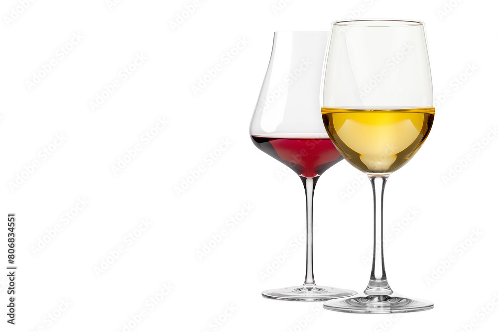 Set of red and white wine glasses isolated on white background. Rose wine splashing in glassware. Set of red and white wine glasses isolated on white background. Rose wine splashing in glassware.